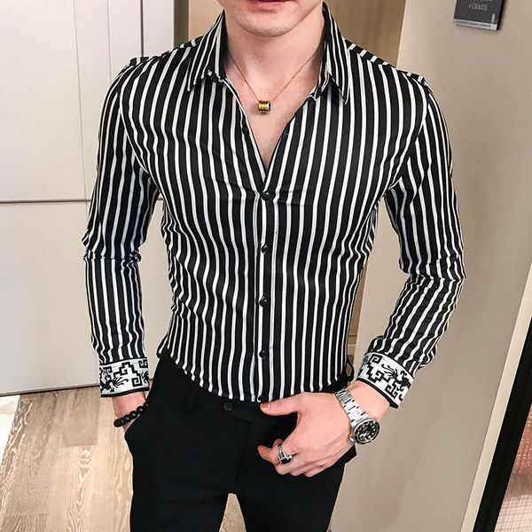 

men's casual shirts 2021 autumn long sleeve stripe shirt men slim fit dress streetwear social night club work chemise homme, White;black