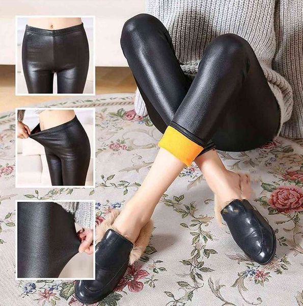 

winter pu leather warm thick women legging black high waist push up casual solid color pants pantalon c