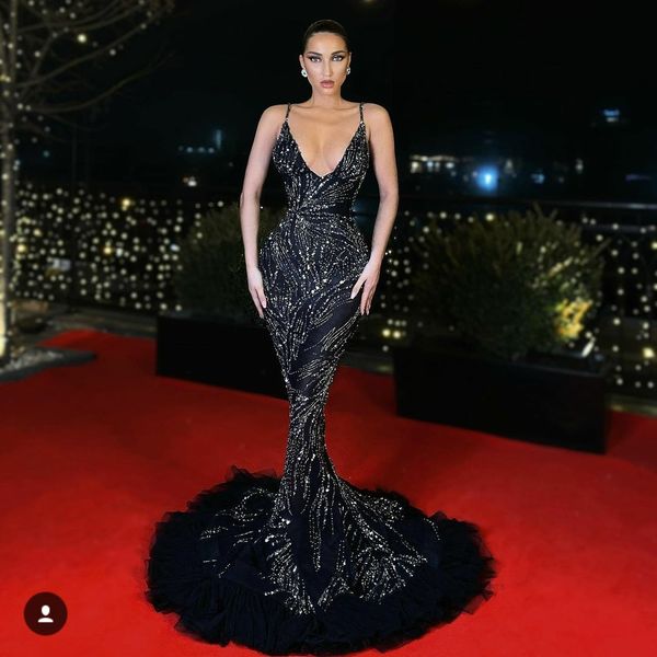 

v neck spaghetti straps evening dresses crystal beads mermaid prom gowns ruffles train custom made party dress, Black;red