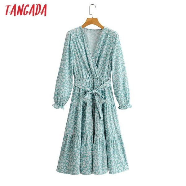 

casual dresses tangada fashion women green flowers print dress with slash 2021 arrival long sleeve ladies midi vestidos sy47, Black;gray