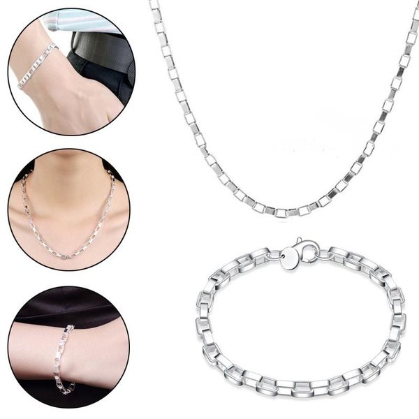 

earrings & necklace fashion trend 2pcs/set metal color plated chain bracelet hip-hop box 20inch long jewelry gifts for unisex, Silver