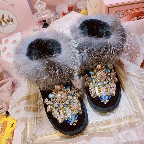 

boots 2021 winter custom luxury rhinestone totem fur snow fashion large size 35-40, Black