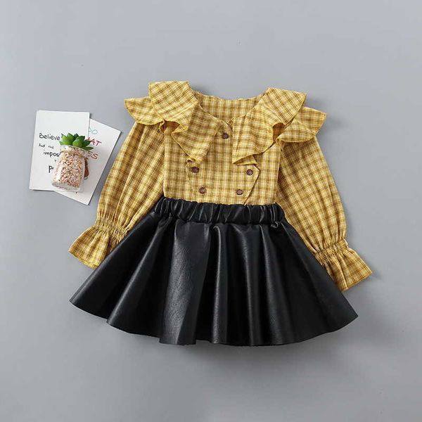 

retail girls sets long sleeve plaid shirt+black pu shorts skirt jeans fall fashion 2pcs outfit baby clothes 2-6y h223 210610, White