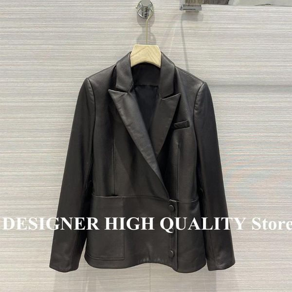 

women's leather & faux office lady elegant sheepskin blazer jacket notched single breasted black chic genuine coat outwear