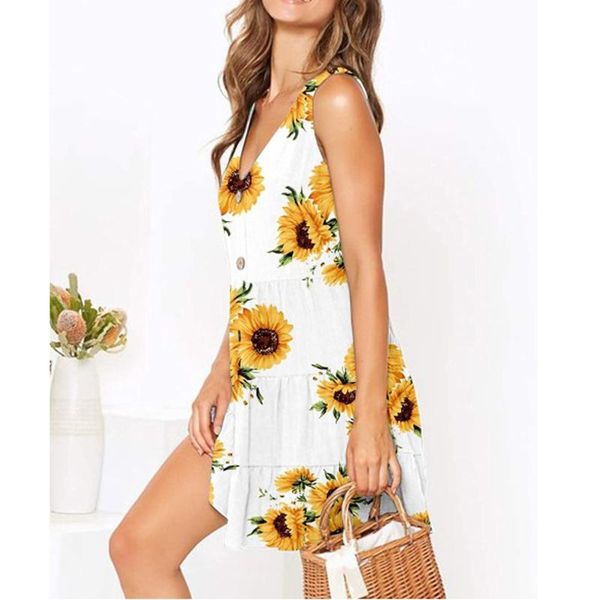 

casual dresses sunflower print woman dress sleeveless v-neck summer beach boho sundress vestido de mujer party women robe femme, Black;gray