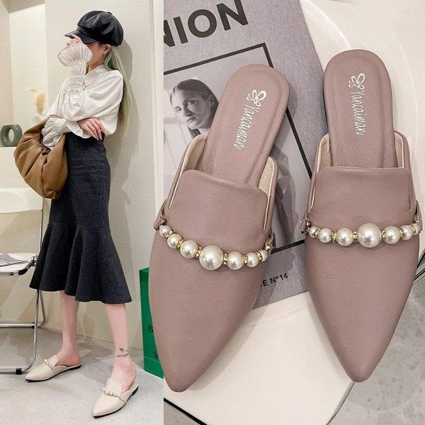 

women flats mules pointed toe slippers pearls slip on ladies shoes string bead slides casual zapatos mujer summer 9152n, Black