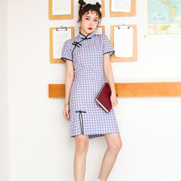 

summer cotton linen plaid printed chinese handmade button cheongsam women's mandarin collar traditional qipao dress size -3xl ethnic c, Red