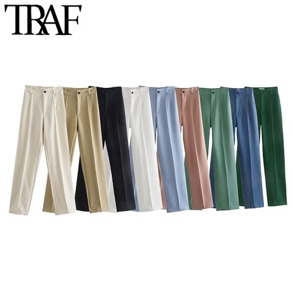

traf women chic fashion office wear straight pants vintage high waist zipper fly female trousers mujer 211007, Black;white