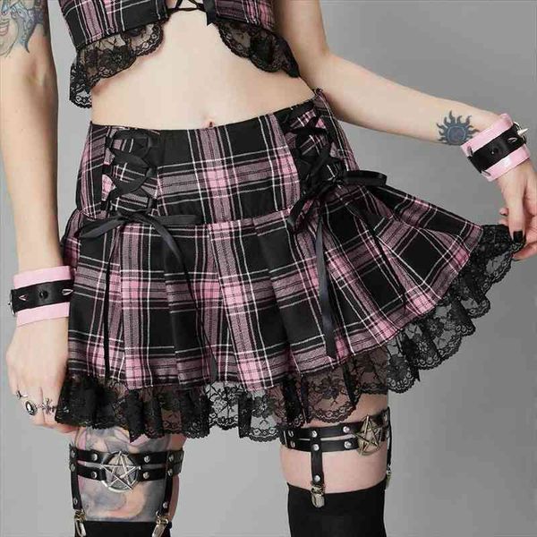 

pink gothic pleated mini womens skirts with lace bow charm school dropout plaid women alt girl outfit, Black