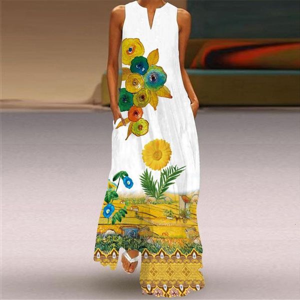 

casual summer print sleeveless pocket women dress loose retro plus size floral maxi v neck female long dresses, Black;gray