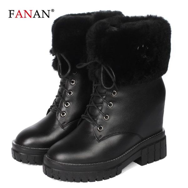 

boots fanan women warm wool ankle thick sole woman winter casual shoes snow footwear lace up waterproof with fur, Black