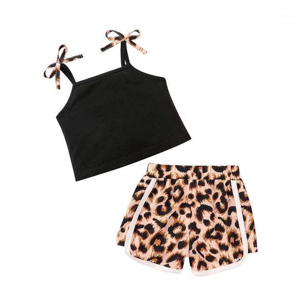 

clothing sets leopard print clothes set girls kids sleeveless cropped with bow-knot+side split short pants, White