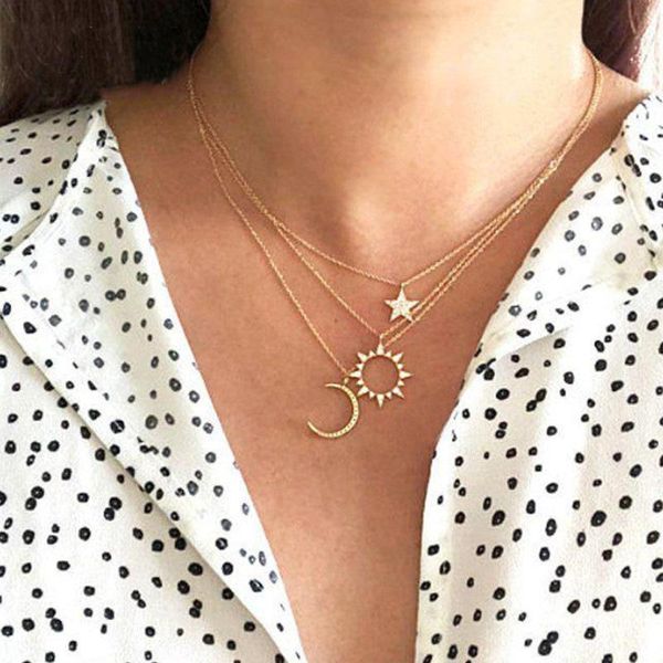 

chokers 2021 ladies gold chain necklace collar geometric pendant star heart moon sun party jewelry diamond, Golden;silver