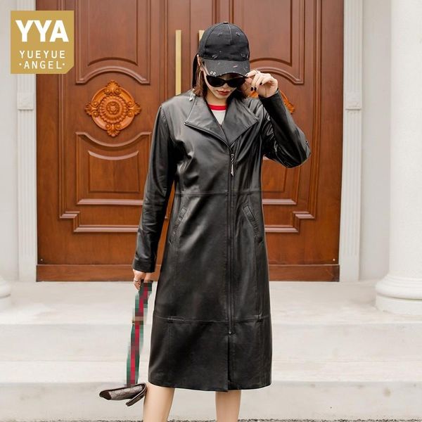 

women's leather & faux gothic women zipper long sheepskin jacket genuine windbreaker trench coat bikers slim fit straight jackets, Black