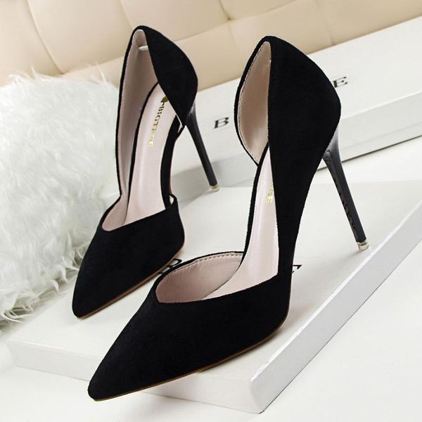 

high heel womens shoes elegant suede shallow pointed side hollow single size .5 heels summer sandals, Black