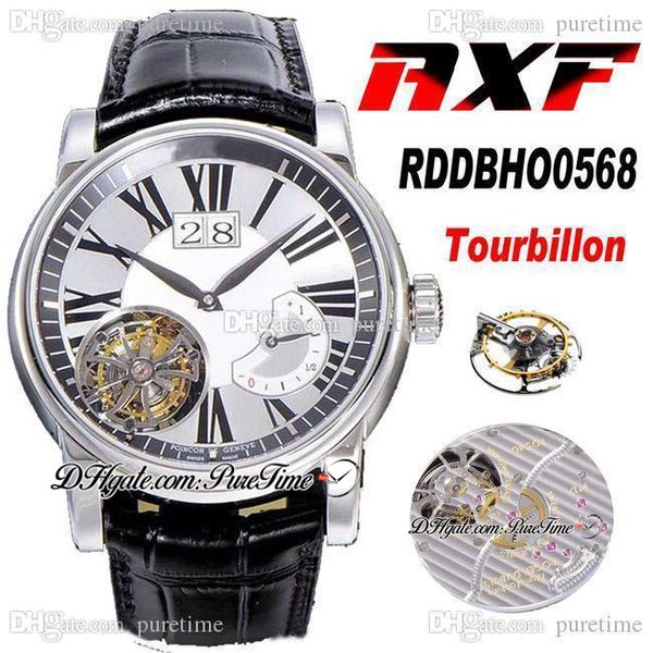 

axf hommage flying tourbillon hand winding mechanical mens watch rddbho0568 silver dial black roma leather strap super edition 2021 watches, Slivery;brown