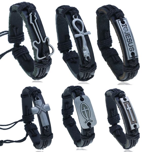 

bangles bracelet punk woven cowhide simple alloy cross leather, Black