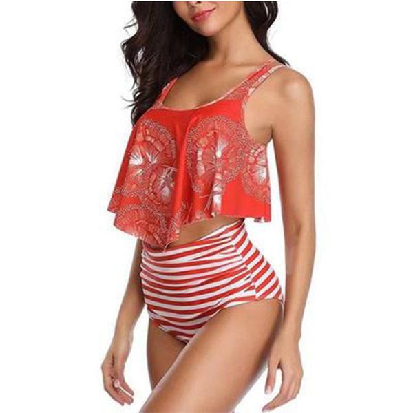 

one-piece suits 2021 high waist printed women's bikini set ruffled ladies swimsuit halter swimwear