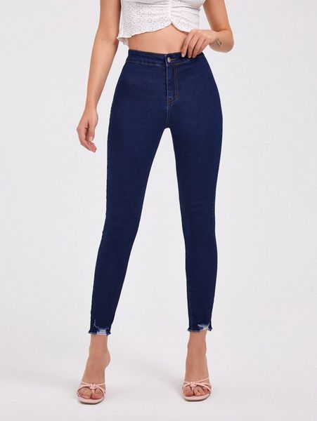 

high waist raw hem skinny jeans b0xe#, Blue