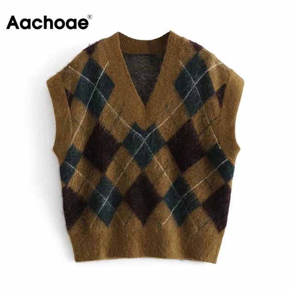 

aachoae fashion argyle vest sweater women loose sleeveless vintage plaid pullover casual v neck knitted waistcoat 210413, White;black