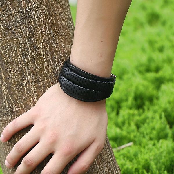 

tennis 2021 man wide cowhide stable weave leather charms charm bracelet homme men jewelry punk bracelets for women, Golden;silver