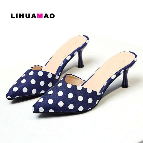

slippers lihuamao women slipper kitten heels pointed toe slip on slides polka dot ladies heel sandals outdoor csual mule shoes, Black