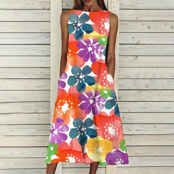 

casual dresses spring summer sleeveless lady party dress elegant women o-neck long 2021 vintage floral print loose a-line, Black;gray