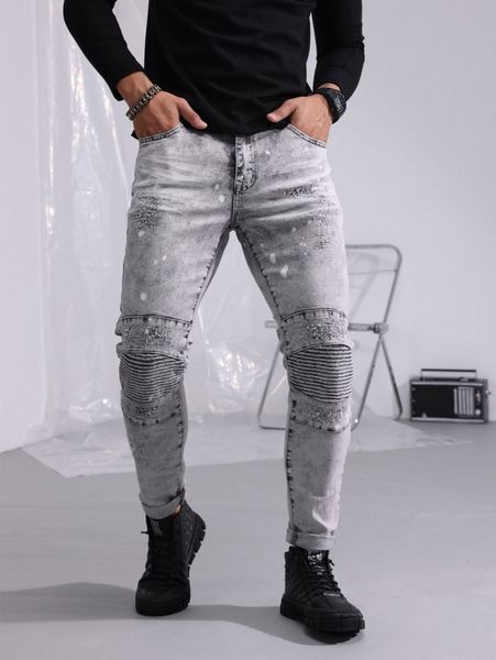 

men splash ink frayed pleats skinny jeans 15lv#, Blue