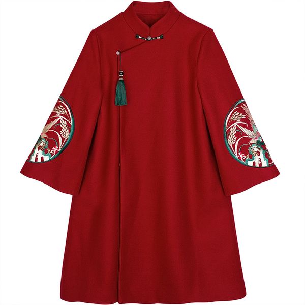 

leather autumn and winter the retro women style wool embroidery lady elegant loose noble thick coat female s-2xl, Black