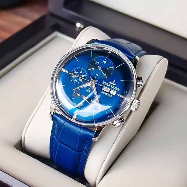 

reef tiger/rt luxury mens automatic mechanical watch blue dial date week multi function wristwatch relogio masculino wristwatches, Slivery;brown