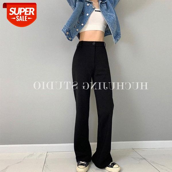 

[long legs in charge] women's black micro-sleeve suit pants, straight loose drape, mopping and split trousers #y160, Black;white