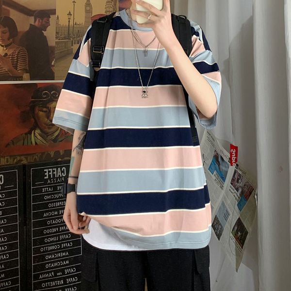 

hoodies summer cotton striped t-shirt men's fashion casual o-neck t shirt men streetwear korean loose short-sleeved tshirt mens, Black