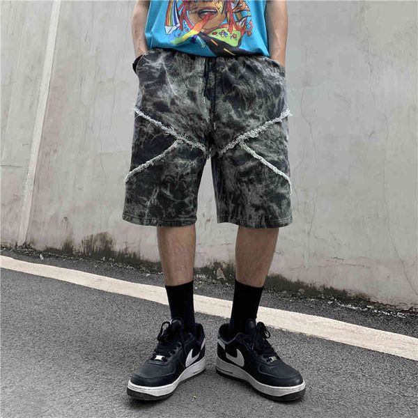 

men's shorts high street tie dye afflicted retro denim shorts men and women cordon oversize casual summer released hip hop, White;black