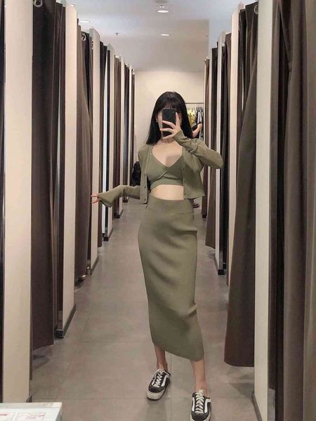 

street style dresses 111919 women three piece set knit cardigan long sleeves & midi skirt high-waist camisole crop strap elast, Black;pink