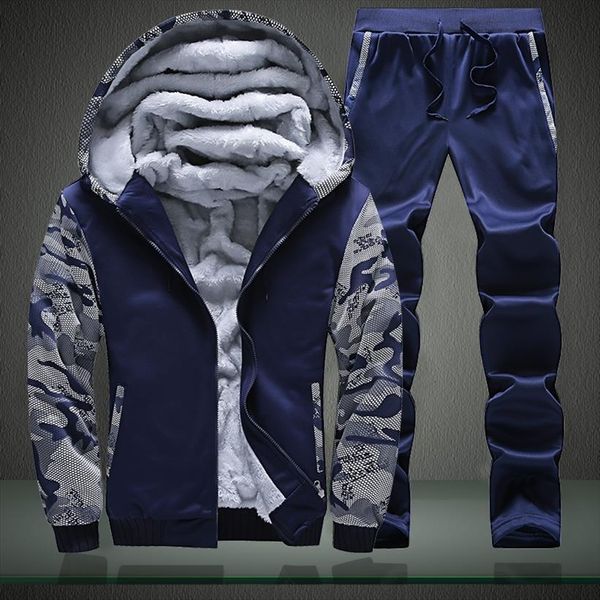 

fleece hoodies set warm men tracksuits sweatshirt camo jogging homme thick hoodie thin pants sportswear 4xl, Gray