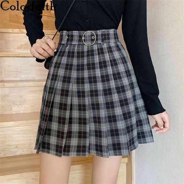 

autumn winter women skirt plaid pleated high waist checkered lace up a-line skater lady mini sk860 210427, Black