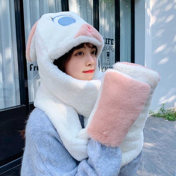 

korean student hat scarf glov three piece set female imitation rabbit hair winter cartoon plush warm thick bib, Blue;gray