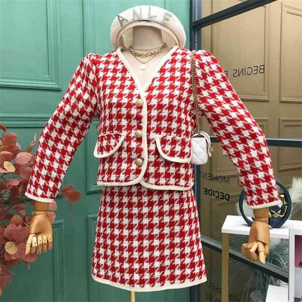 

autumn houndstooth vintage two piece set women crop tweed jacket coat + mini bodycon skirt s ladies 2 210514, White