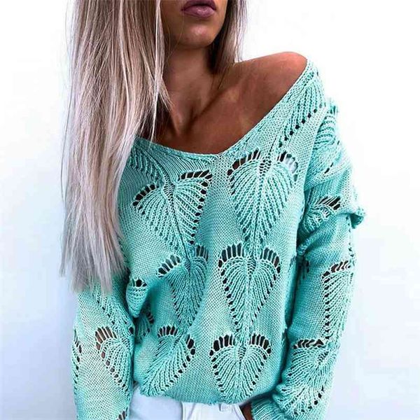 

autumn winter sweater women fashion hollow out design see throough v-neck long sleeve solid color casual loose knitted 210522, White