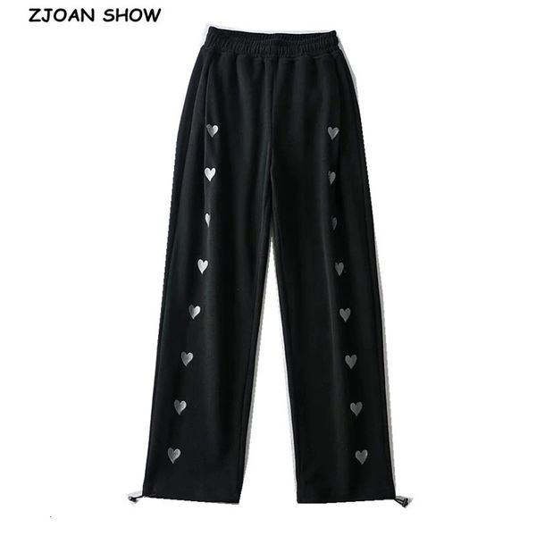 

women's pants & capris 2021 spring autumn contrast color heart embroidery wide leg woman adjust rope cuff loose trousers sports ca, Black;white