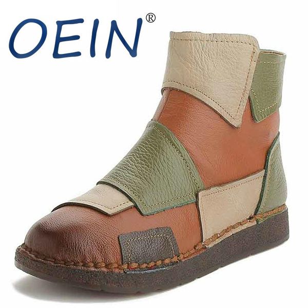 

boots oein 2021 autumn winter real genuine leather women retro handmade mixed colors warm ankle flat casual shoes, Black