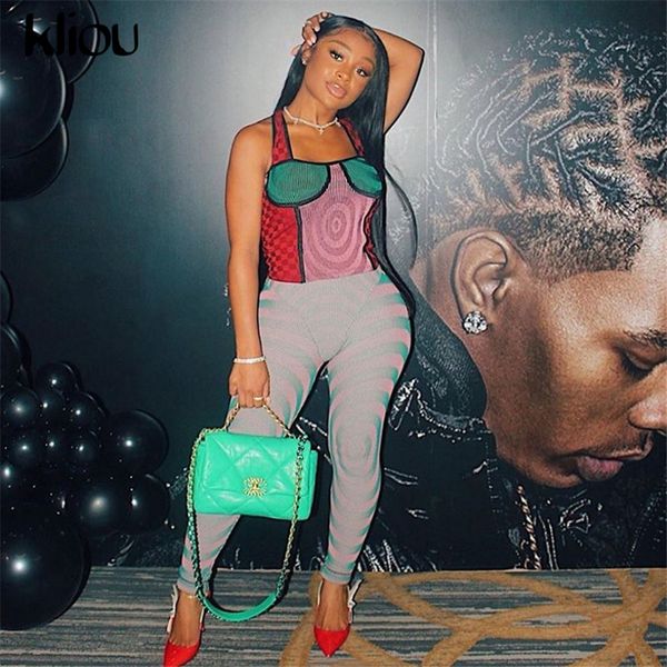

kliou patchwork striped jumpsuit women 2021 color matched sleeveless bodycon skinny active streetwear female fashion rompers hot, Black;white