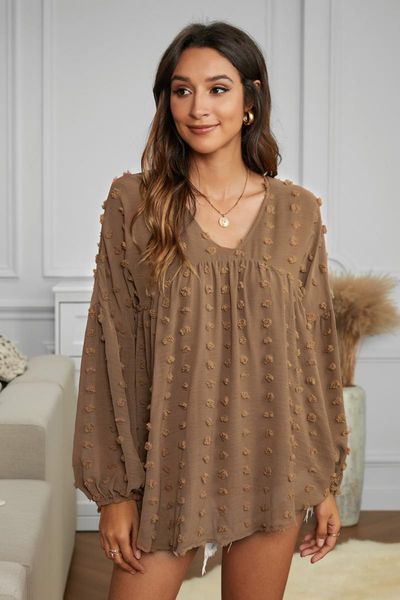 

women's blouses & shirts brown v neck polka dot lantern sleeve blouse for women, White