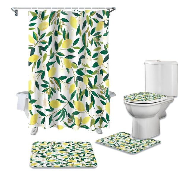 

shower curtains fruit green leaf flowers curtain toilet lid cover bath mat set bathroom non-slip rug bathtub home decor