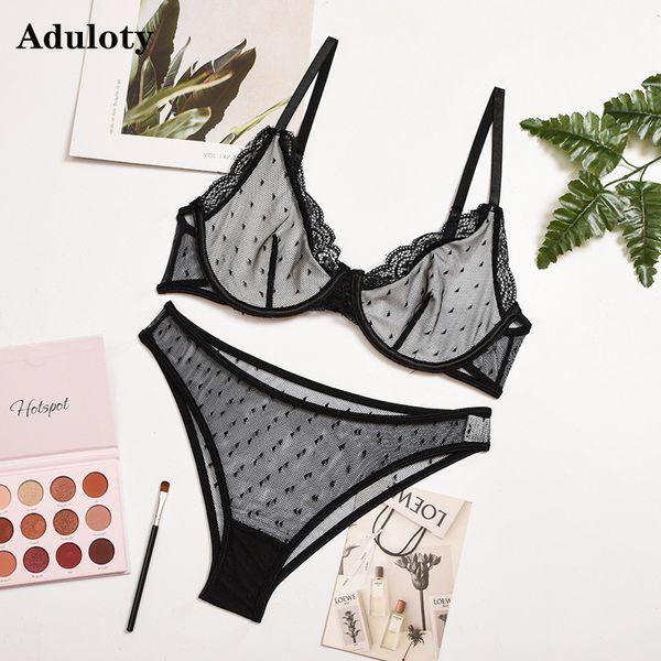 

aduloty new womens polka dot lace underwear set mesh see-through thin lingerie set underwire gather bra set underwear, Black;white