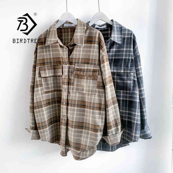 

double pocket brushed plaid thin jacket long sleeves turn down collar button up coat spring t11001x 210419, White