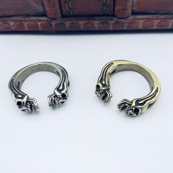 

brass retro ring double skull adjustable opening bronze ware creative fashion punk style for men or women handmade gift cluster rings, Golden;silver