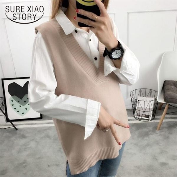 

korean v neck knitted women mujer invierno loose pullover sweater vest winter sleeveless sweaters 11810 210415, White;black