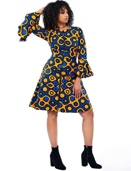 

dresses km80005b national casual style digital printing medium long skirt women's trumpet sleeve dress, Black;gray