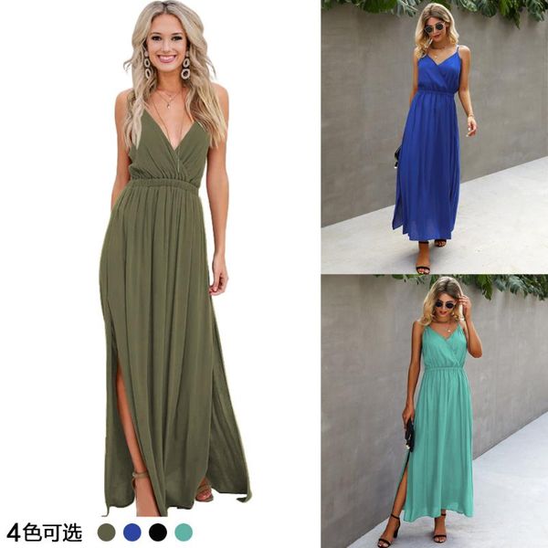 

casual dresses women summer dress 2021 fashion female v-neck backless condole belt long vestido de mujer onylq212s5120, Black;gray